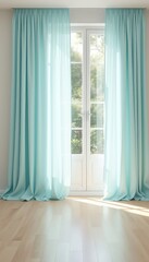 Serene turquoise drapes gently frame a window revealing a tranquil green garden, casting soft light upon the clean, wooden floor