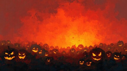 A dramatic field of carved jackolanterns with vibrant autumn leaves
