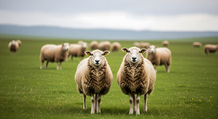 Fototapeta premium Two curious sheep standing in a vibrant green meadow