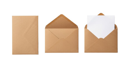 Three distinct brown craft paper envelopes, sealed, partially open, and with a blank sheet, flat lay on a transparent background with copy space, bright studio lighting. Concept of communication