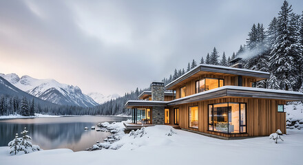 Modern wooden house nestled by a serene snowy lake with majestic mountains in the background.