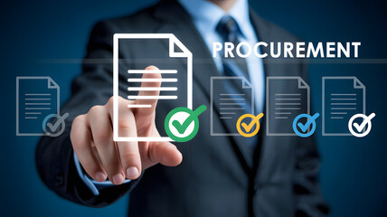 Businessman selecting procurement document with checkmarks in a digital interface on a blue background