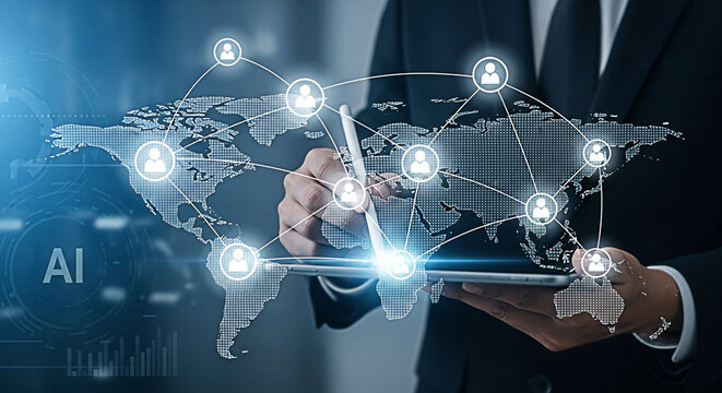 Businessman using digital tablet with global network connections and world map