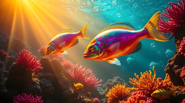 underwater fantasy scene featuring glowing, iridescent fish with shimmering rainbow scales swimming gracefully among colorful coral reefs.