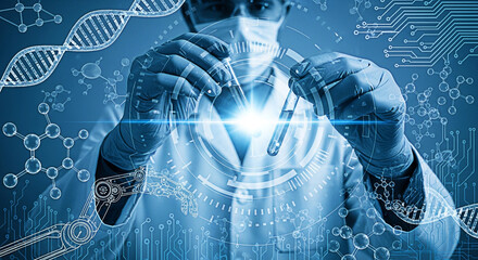 Scientist examining test tubes in a futuristic lab with dna and circuit board designs for medical research and technological advancement