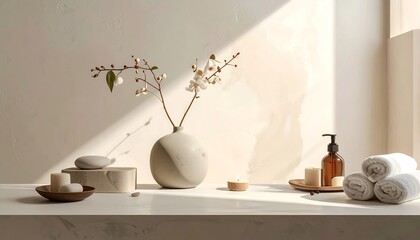 Serene spa scene with flowers, candles, and towels