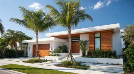 Fototapeta premium Modern luxury home with white exterior, wood accents, and tropical landscaping. Spacious residence with clean lines and green palms. Architecture for real estate.
