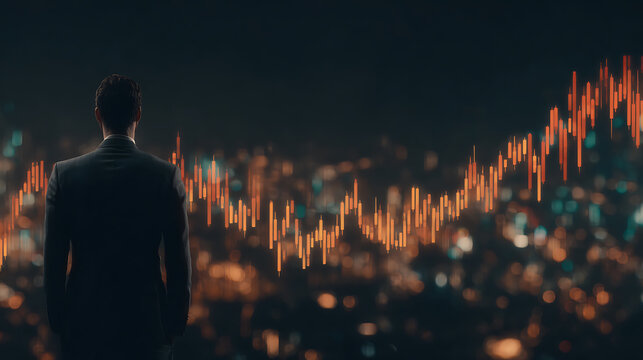 Man in suit views city skyline with overlay of financial candlestick chart at night - Powered by Adobe