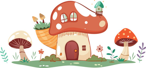 Playful cartoon mushroom house nestled among mushrooms and greenery, creating a charming garden scene.
