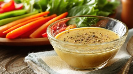 Healthy mustard vinaigrette dressing in a clear bowl on a wooden table with fresh raw vegetables in background. Cooking and healthy lifestyle concept.