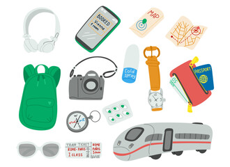 Travel essentials doodle set with backpack, passport, train, maps, and accessories. Vacation and journey preparation concept in colorful hand drawn style