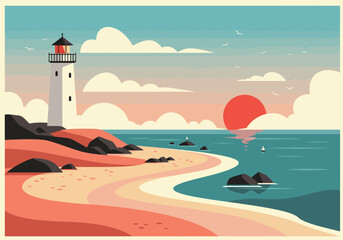 A picturesque lighthouse stands tall on a rocky shore, with a vibrant sunset painting the sky, as waves gently roll onto the sandy beach, creating a serene coastal landscape