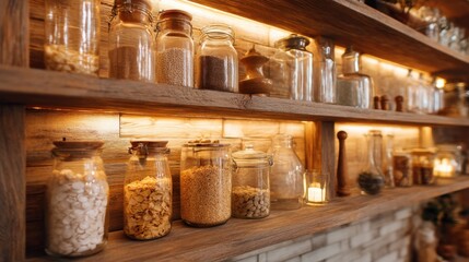 Fototapeta premium Various glass jars with spices and dried food on a wooden shelf in a kitchen cabinet, for home cooking background.