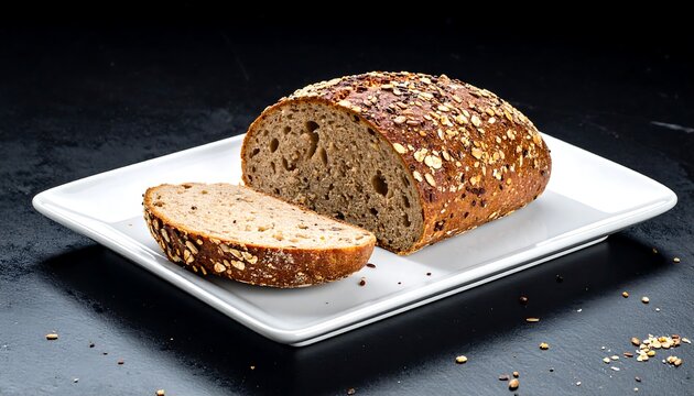 Crusty multigrain loaf, sliced, on white plate