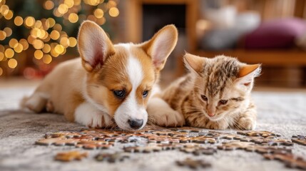 Naklejka na ściany i meble Cute puppy and kitten playing with puzzle pieces on floor. Adorable pets enjoying fun time together during holiday season. For greeting card.
