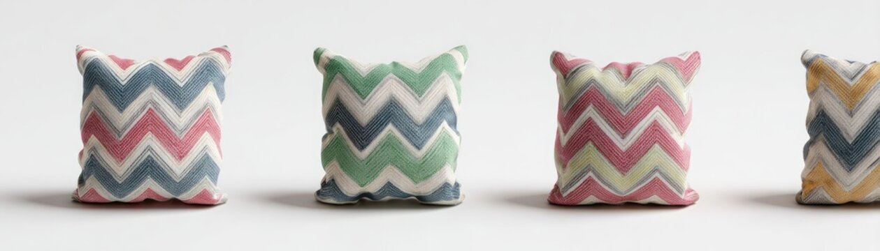 Four colorful chevron patterned throw pillows in various shades