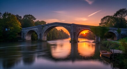 Tranquil sunset casting a warm glow over a historic stone bridge arching over a serene river at dusk