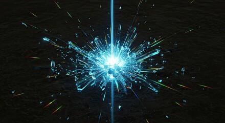 Dynamic explosion of shattered crystal shards and vibrant light beams radiating outwards, symbolizing innovation and breakthrough moments against a dark textured background.