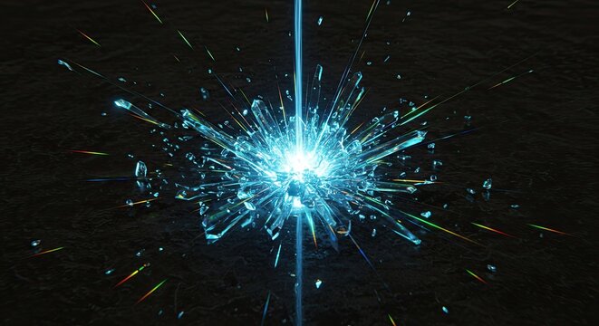 Dynamic explosion of shattered crystal shards and vibrant light beams radiating outwards, symbolizing innovation and breakthrough moments against a dark textured background.