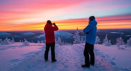 Two friends admire a vibrant sunset over snowy mountains, capturing the moment.