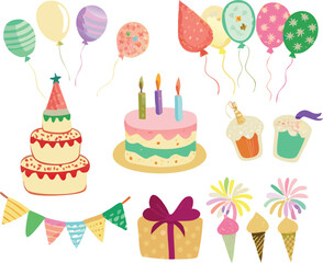 Colorful birthday party clipart featuring balloons, cake, and confetti