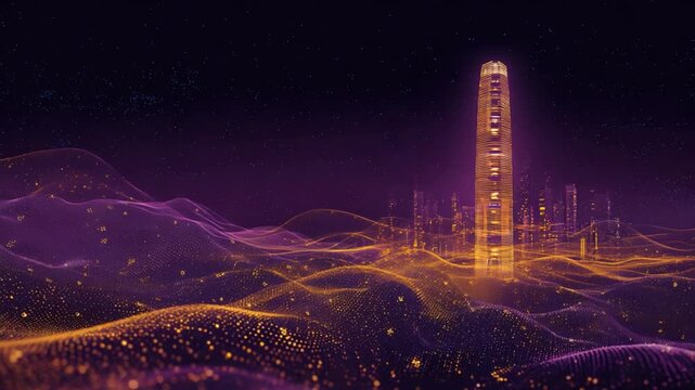 Luminous abstract cityscape with a glowing central tower materializing from a flowing purple and gold particle wave, representing futuristic technology, virtual reality, and the metaverse