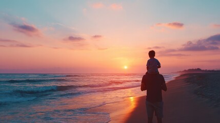 Fototapeta premium Man carries boy on shoulders at sunset beach. Father and son enjoying sea vacation. Family travel and happy childhood concept.