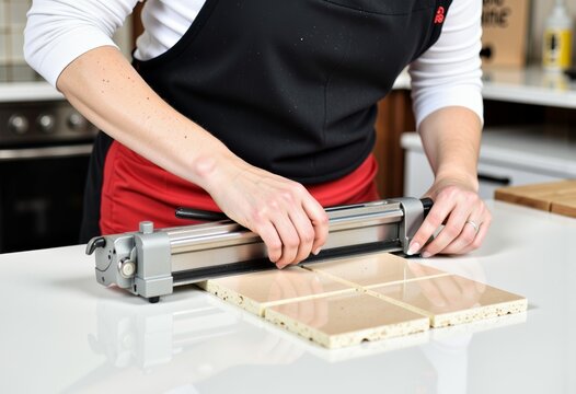 Precise Tile Cutting with Professional Equipment Demonstrated on Ceramic Pieces in a Modern Workshop Setting
