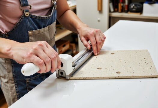 Close-up of a Person Skillfully Cutting Particle Board with a Specialized Saw in a Woodworking Workshop for Custom Furniture Making