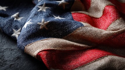 Rustic american flag made of coarse fabric with stars and stripes. Patriotism and national holiday concept for Independence Day.