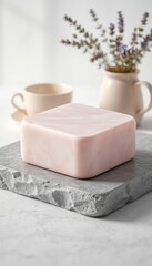 Delicate beauty still life of a soft pink cube on a stone slab, with flowers and a cup adding a touch of serenity