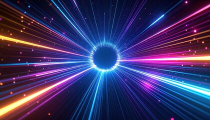 Naklejka premium Sfondo Tunnel Iperspazio Neon, Strisce Luminose Blu-Viola e Blu-Arancione, Effetto Warp Speed, Design Sci-Fi Futuristico Dinamico.