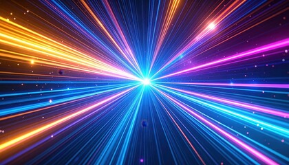 Obraz premium Sfondo Tunnel Iperspazio Neon, Strisce Luminose Blu-Viola e Blu-Arancione, Effetto Warp Speed, Design Sci-Fi Futuristico Dinamico.
