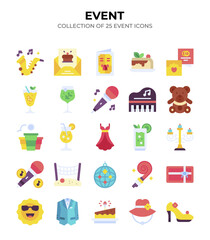 Collection of 25 Event Icons. Vibrant Flat Design for Party and Celebration