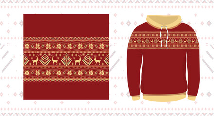 Red knitted Christmas ornated hoodie , winter holiday clothes. New year symbol. Knitwear. Traditional decorated hoodie.