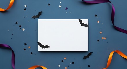 Halloween party template with empty card decorated with bats, streamers and confetti on dark blue background top view. Halloween party.