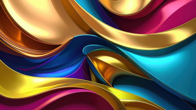 Metallic flow abstract colorful gold teal magenta ribbon smooth, fluid wave glossy surface modern art swirls vibrant energy