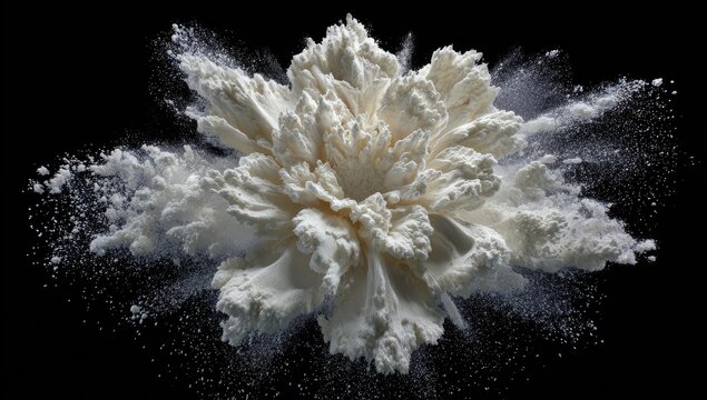 White powder exploding in a dramatic, symmetrical cloud against a black background