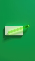 Simple still life with a green glass tube resting on a rounded rectangle against a solid green background