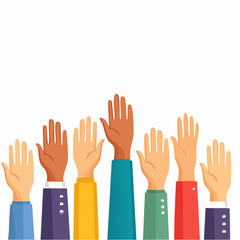 A conceptual illustration of multiple diverse raised hands, symbolizing active participation, community engagement, and collective decision-making, representing unity and the power of individual 