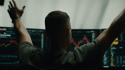Man celebrating in front of multiple computer screens displaying financial charts and data