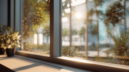 Sparkling new PVC windows with double glazing installed in a modern office, highlighting energy-efficient and noise-reducing benefits of plastic window renovations for a comfortable workspace