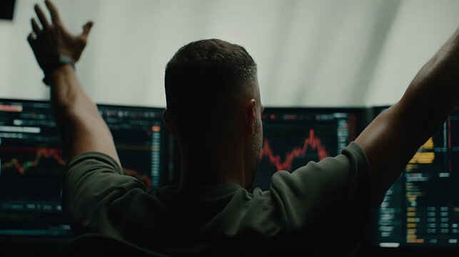 Man celebrating in front of multiple computer screens displaying financial charts and data - Powered by Adobe