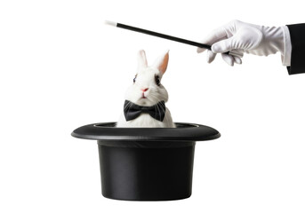 Small fluffy white rabbit with bow tie peeking from black top hat, curious expression, white-gloved hand holding sparkling magic wand above, transparent studio, whimsical magical illusion concept