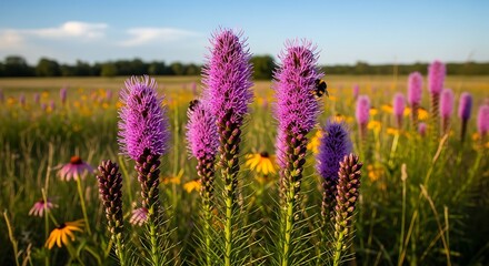 Fototapeta premium Vibrant prairie landscape featuring purple blazing star flowers and buzzing bees in warm sunlight