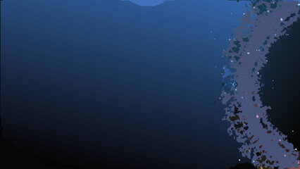 Abstract deep blue background with a textured swirling pattern of colorful particles on the right side