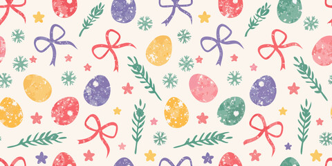 Charming easter egg and bow pattern with greenery and stars on a light background