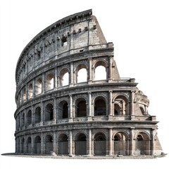 Fototapeta premium A three-quarter perspective view of a large, ancient stone amphitheater, showcasing its weathered facade, numerous arches, and partially damaged upper sections against a plain white background