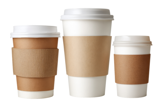 Three disposable coffee cups, various sizes, with brown paper sleeves