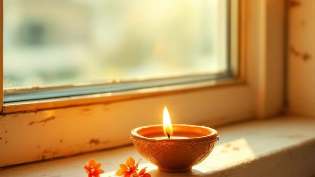 Golden glow of a traditional clay diya oil lamp illuminates a windowsill with soft morning light celebrating diwali festival